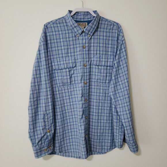 Duluth Trading Mens Roll-Tab Sleeve Plaid Vented-Back Button-Down Shirt Blue XL - Picture 1 of 7